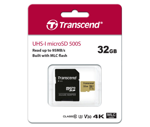 Карта памяти Transcend microSDXC 32GB UHS-I U3 V30 (TS32GUSD500S) с SD-адаптером