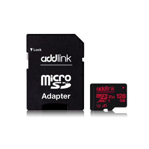 128GB AddLink microSDXC UHS-I V30 U3 A1 Card + Adapter (ad128GBMSXU3A)